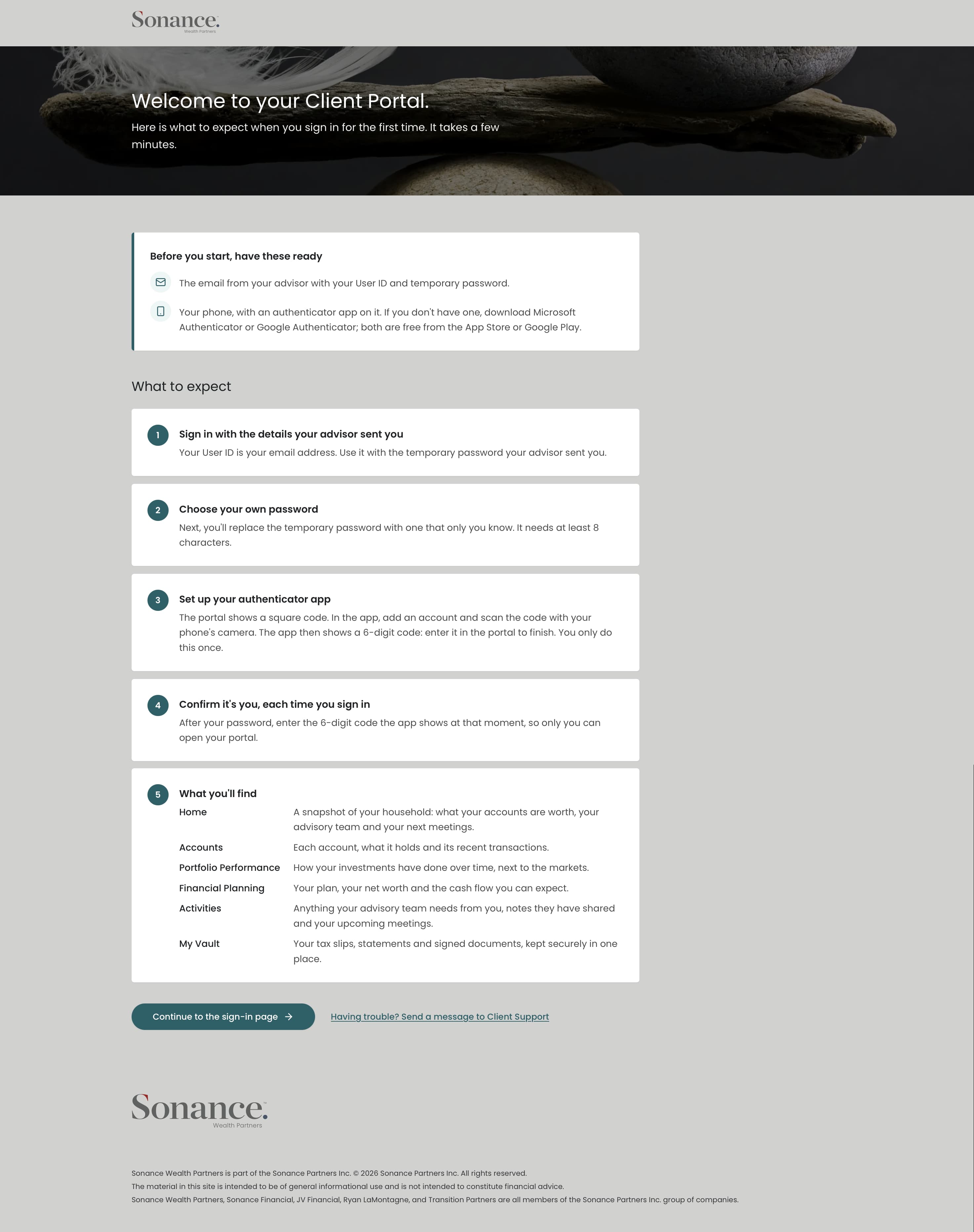 Preview of the first-time portal guide, including sign-in, password, authenticator setup, and portal features.