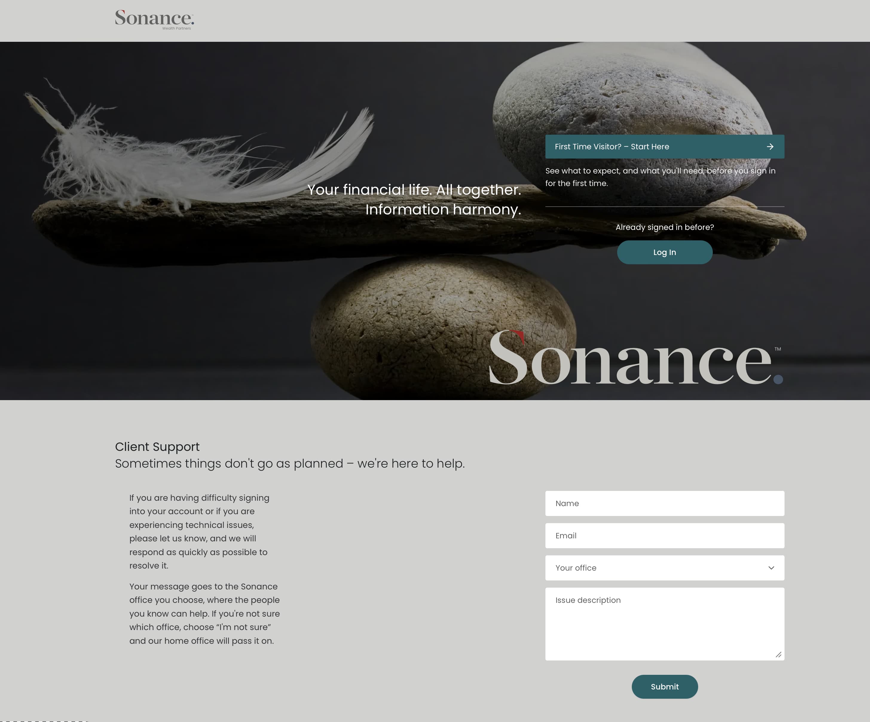 Preview of the Sonance secure sign-in screen and client support form.